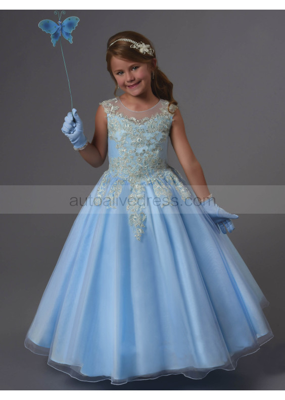 Gold Lace Blue Organza Floor Length Wedding Flower Girl Dress